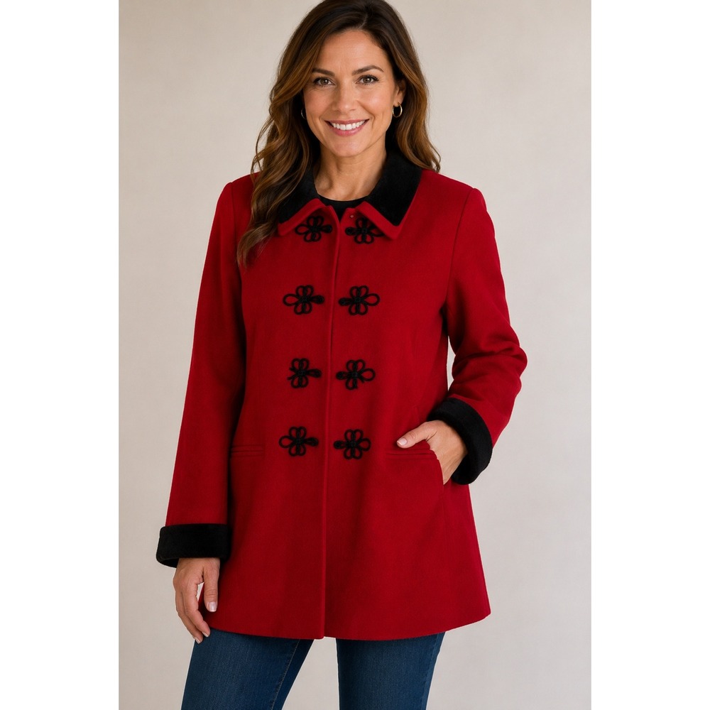 Maurices Vintage Red Wool Coat Women's L Black Velvet Trim Poland 90s Outdoor